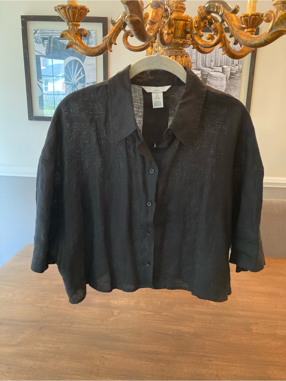 H&M Black Linen Button-Down Crop Shirt